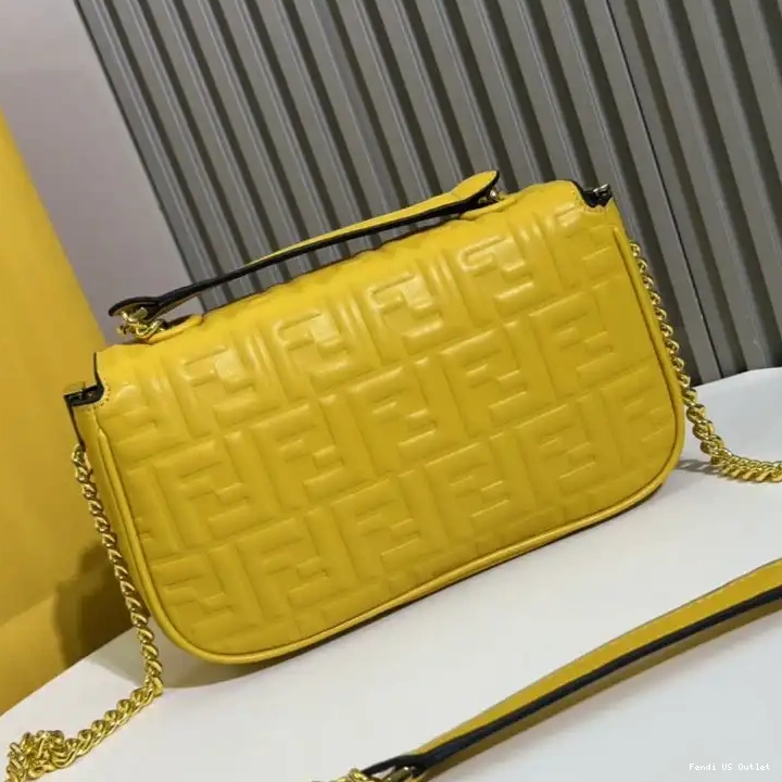 Affordable HOT Midi Motif In Leather Nappa FF Bag Fendi Yellow Chain Baguette 0518